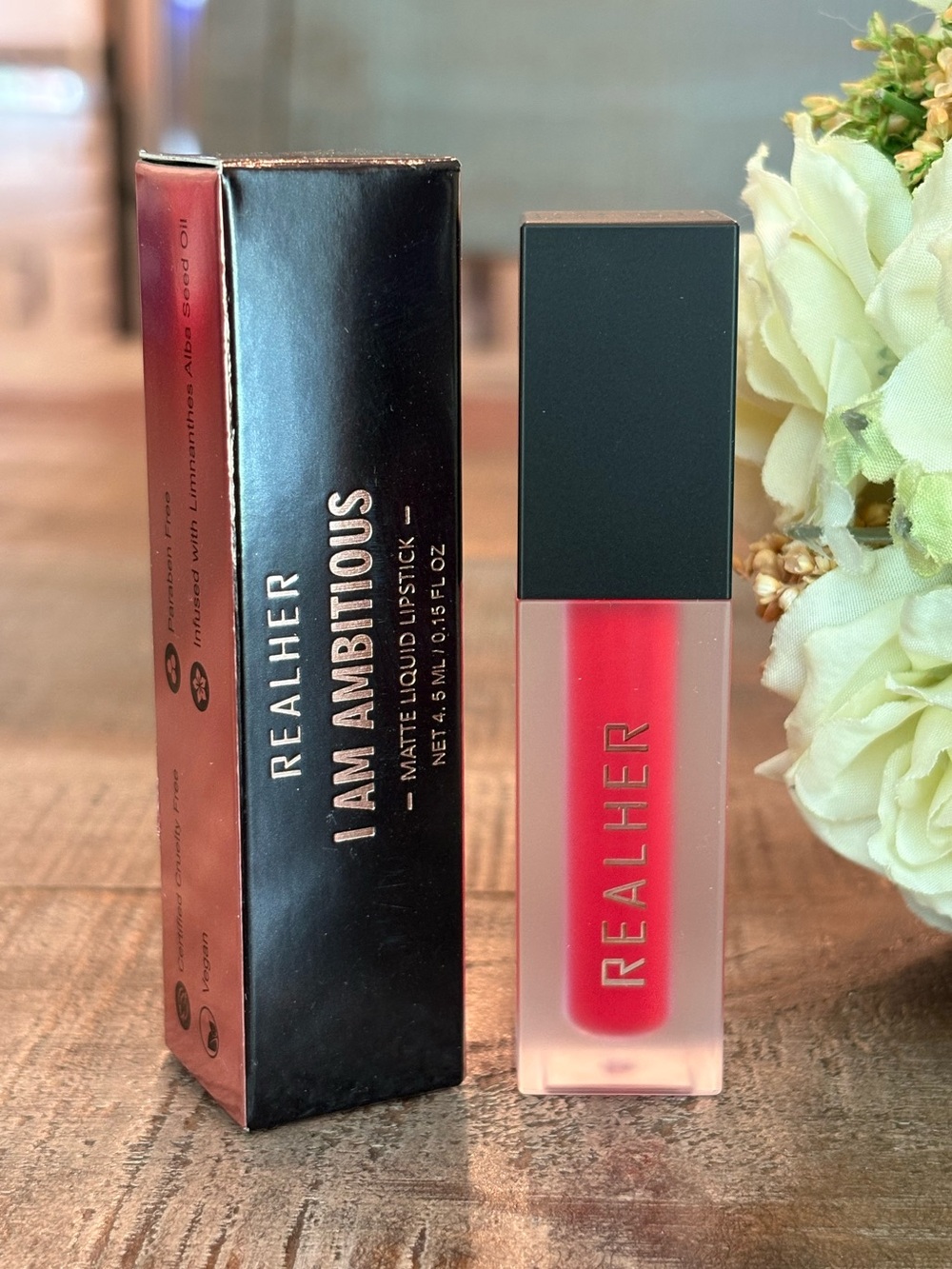 New REALHER Matte LIQUID LIPSTICK in I AM AMBITIOUS {Bright Red}